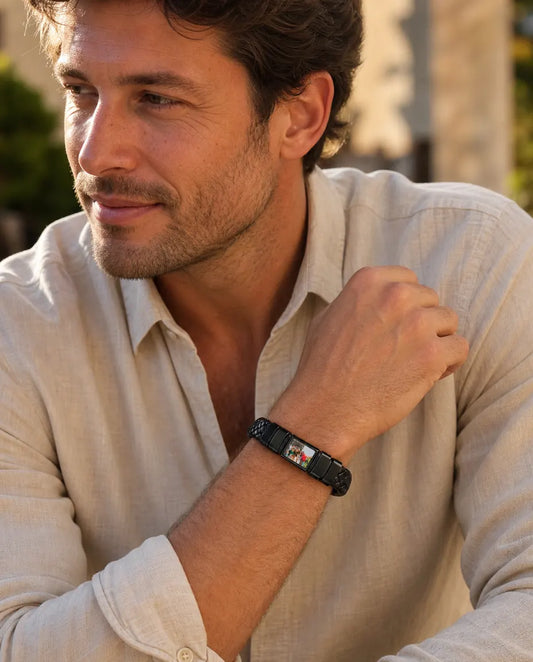 Bracelet Cuir Homme Personnalisé avec Photo & 1-6 Perles Prénom Gravées – Bracelet Tressé Noir & Argent, Cadeau pour Papa