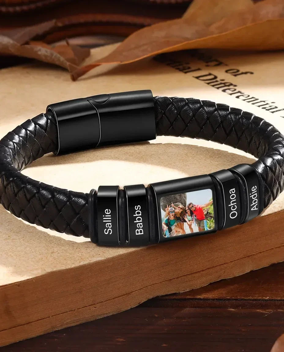 Bracelet Cuir Homme Personnalisé avec Photo & 1-6 Perles Prénom Gravées – Bracelet Tressé Noir & Argent, Cadeau pour Papa