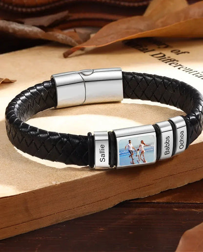 Bracelet Cuir Homme Personnalisé avec Photo & 1-6 Perles Prénom Gravées – Bracelet Tressé Noir & Argent, Cadeau pour Papa