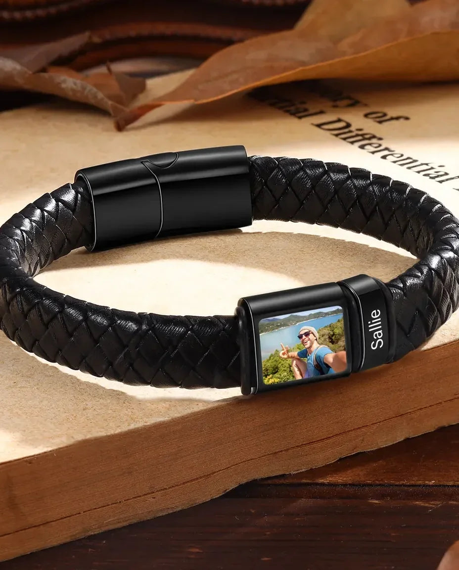 Bracelet Cuir Homme Personnalisé avec Photo & 1-6 Perles Prénom Gravées – Bracelet Tressé Noir & Argent, Cadeau pour Papa