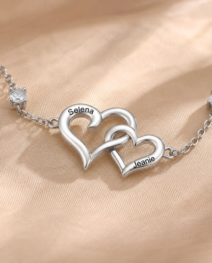 Bracelet Double Cœur Personnalisé 2 Prénoms - cœurs entrelacés et deux pierres de naissance, réglable