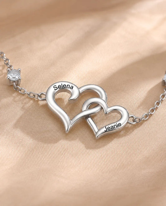 Bracelet Double Cœur Personnalisé 2 Prénoms - cœurs entrelacés et deux pierres de naissance, réglable