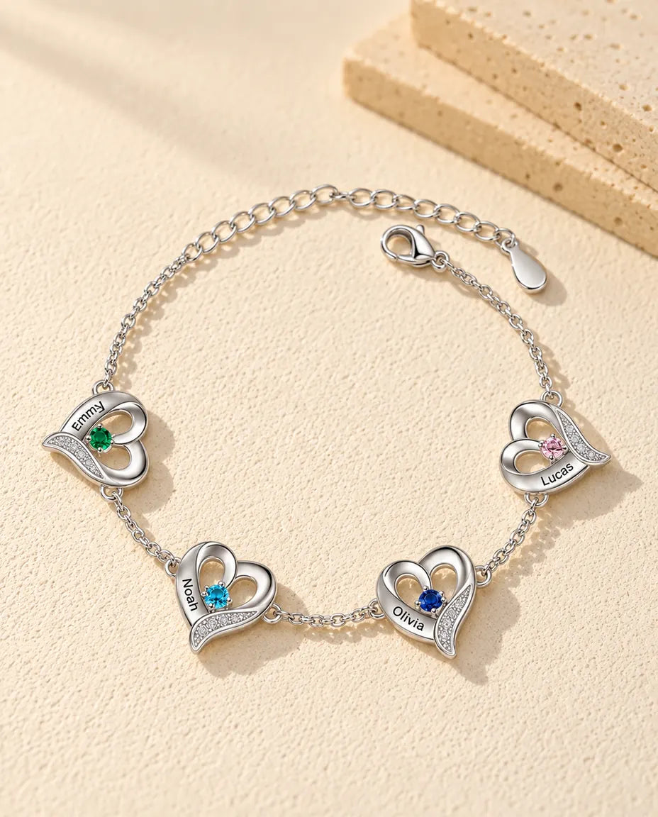 Bracelet Gravé - version à 4 prénoms et pierres de naissance