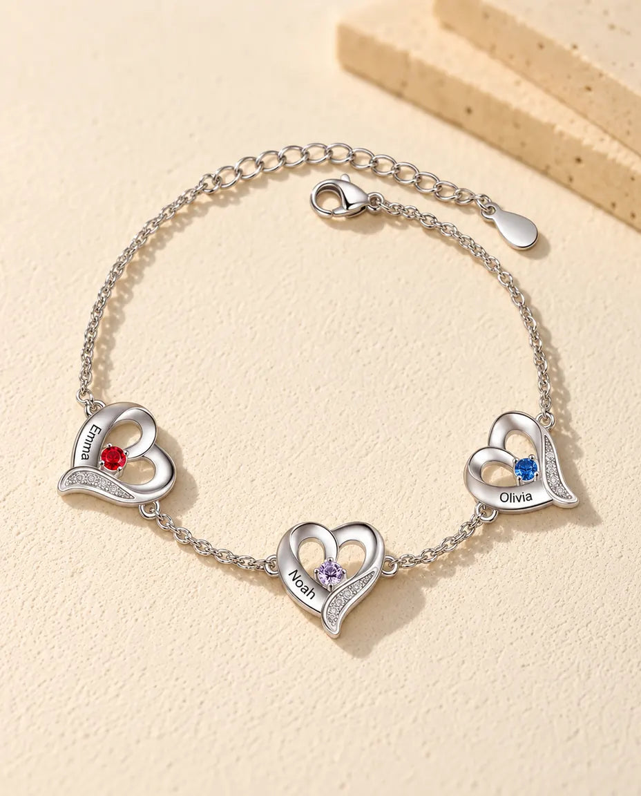 Bracelet Gravé - version à 3 prénoms et pierres de naissance