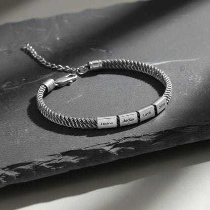 Bracelet Gravé Homme – Corde Style Marin et Plaque en Acier Inoxydable avec Prénoms, Cadeau pour Lui, Papa, Fête des Pères