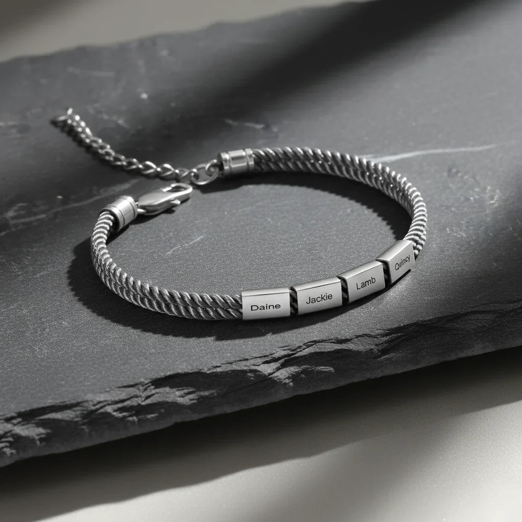 Bracelet Gravé Homme – Corde Style Marin et Plaque en Acier Inoxydable avec Prénoms, Cadeau pour Lui, Papa, Fête des Pères