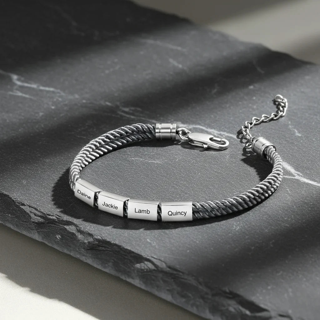 Bracelet Gravé Homme – Corde Style Marin et Plaque en Acier Inoxydable avec Prénoms, Cadeau pour Lui, Papa, Fête des Pères
