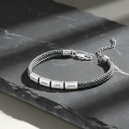 Bracelet Gravé Homme – Corde Style Marin et Plaque en Acier Inoxydable avec Prénoms, Cadeau pour Lui, Papa, Fête des Pères