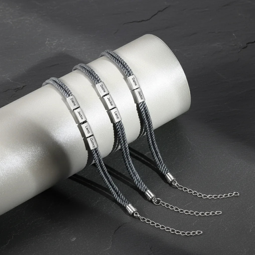 Bracelet Gravé Homme – Corde Style Marin et Plaque en Acier Inoxydable avec Prénoms, Cadeau pour Lui, Papa, Fête des Pères