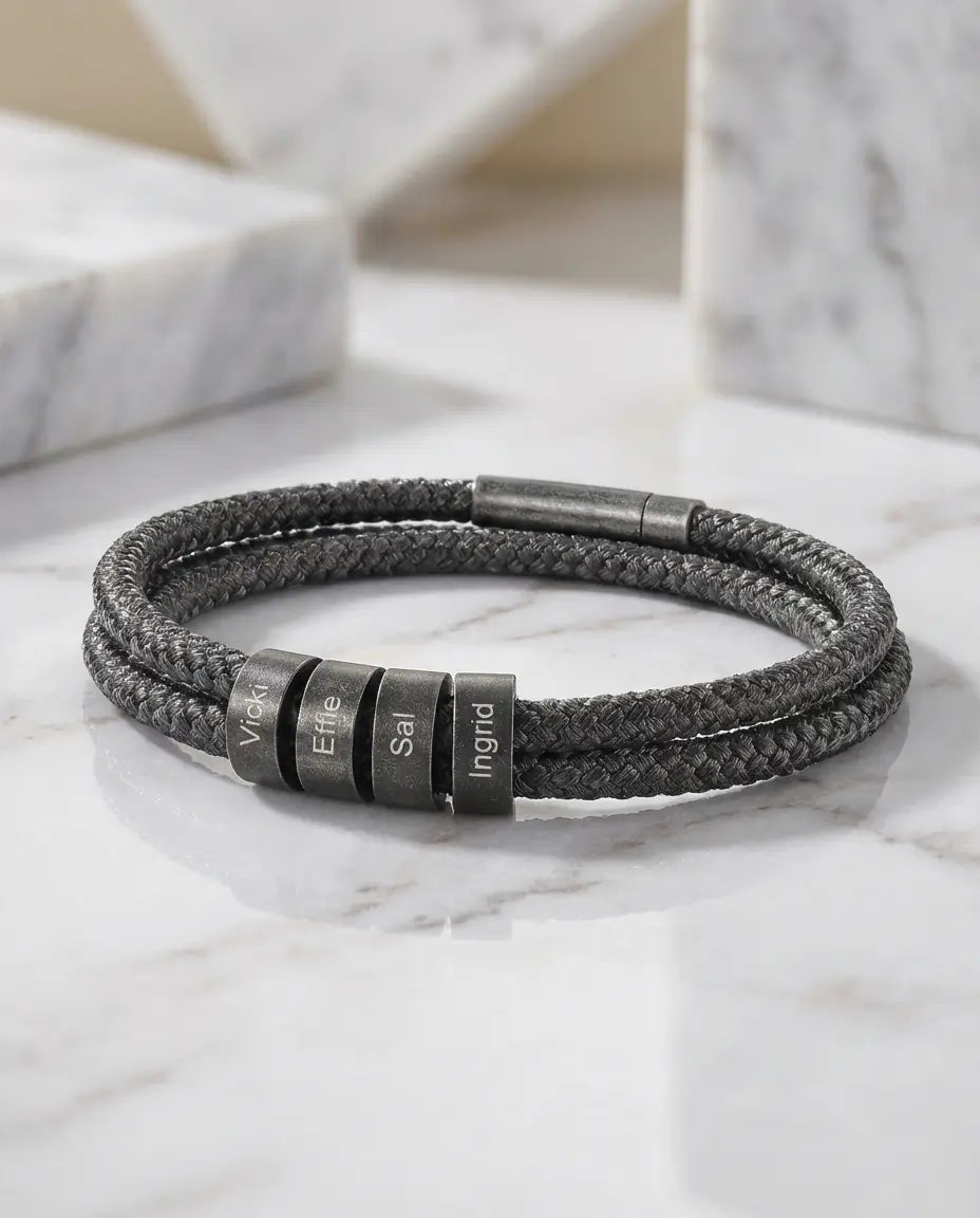 Bracelet Gravé – Corde Tressée Nylon avec Perles Prénom en Acier Inoxydable, 2 à 4 Gravures, Cadeau pour Lui, Papa