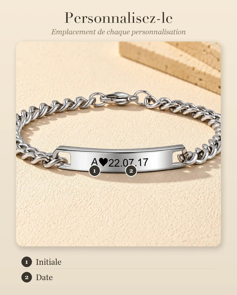 Bracelet Gravé Barre Initiale et Date - guide de personnalisation : emplacement de chaque gravure