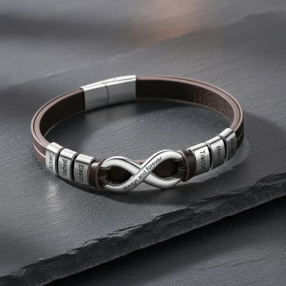 Bracelet Gravé Homme – Cuir avec Fermoir en Acier Inoxydable, 2 à 6 Prénoms Gravés, Cadeau pour Lui, Papa, Fête des Pères