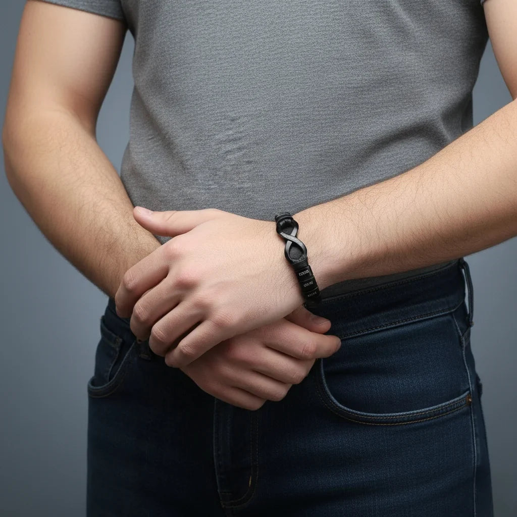 Bracelet Gravé Homme – Cuir avec Fermoir en Acier Inoxydable, 2 à 6 Prénoms Gravés, Cadeau pour Lui, Papa, Fête des Pères