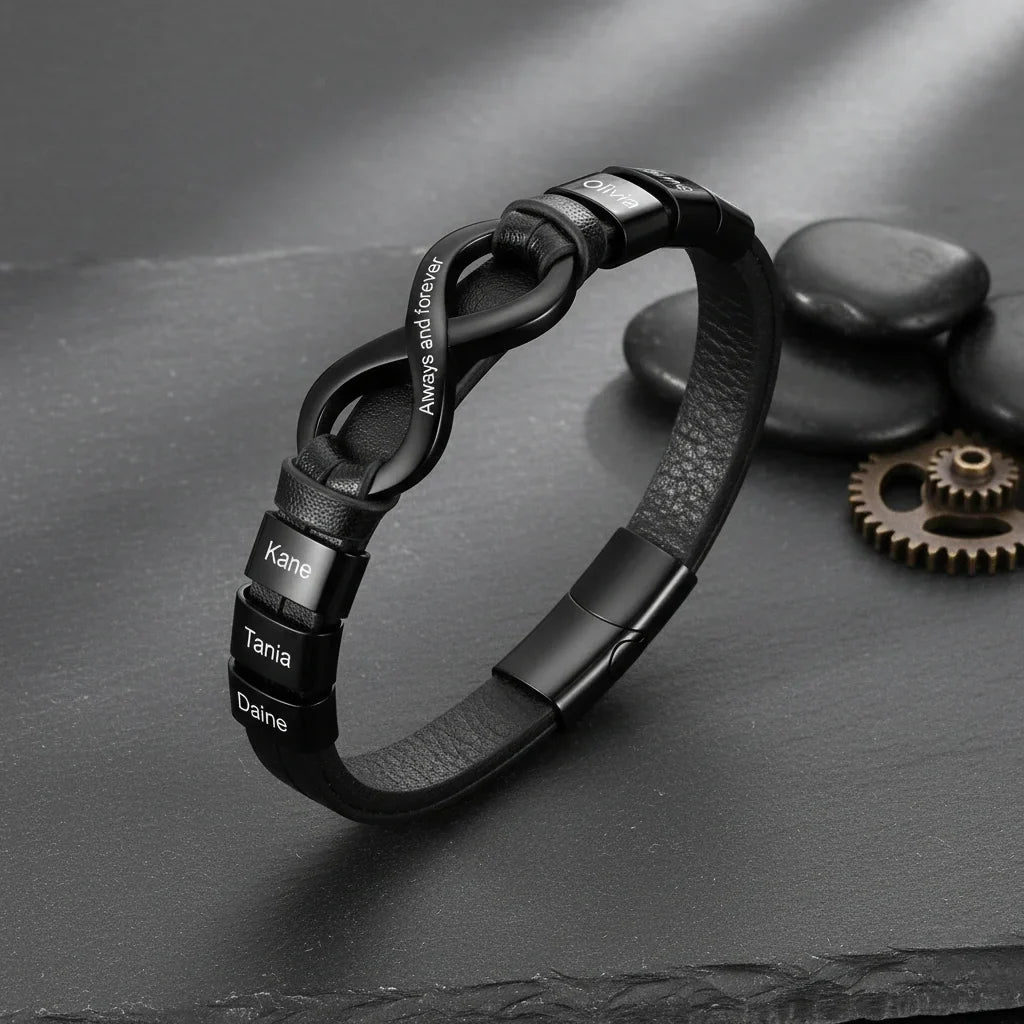 Bracelet Gravé Homme – Cuir avec Fermoir en Acier Inoxydable, 2 à 6 Prénoms Gravés, Cadeau pour Lui, Papa, Fête des Pères