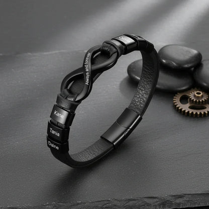 Bracelet Gravé Homme – Cuir avec Fermoir en Acier Inoxydable, 2 à 6 Prénoms Gravés, Cadeau pour Lui, Papa, Fête des Pères