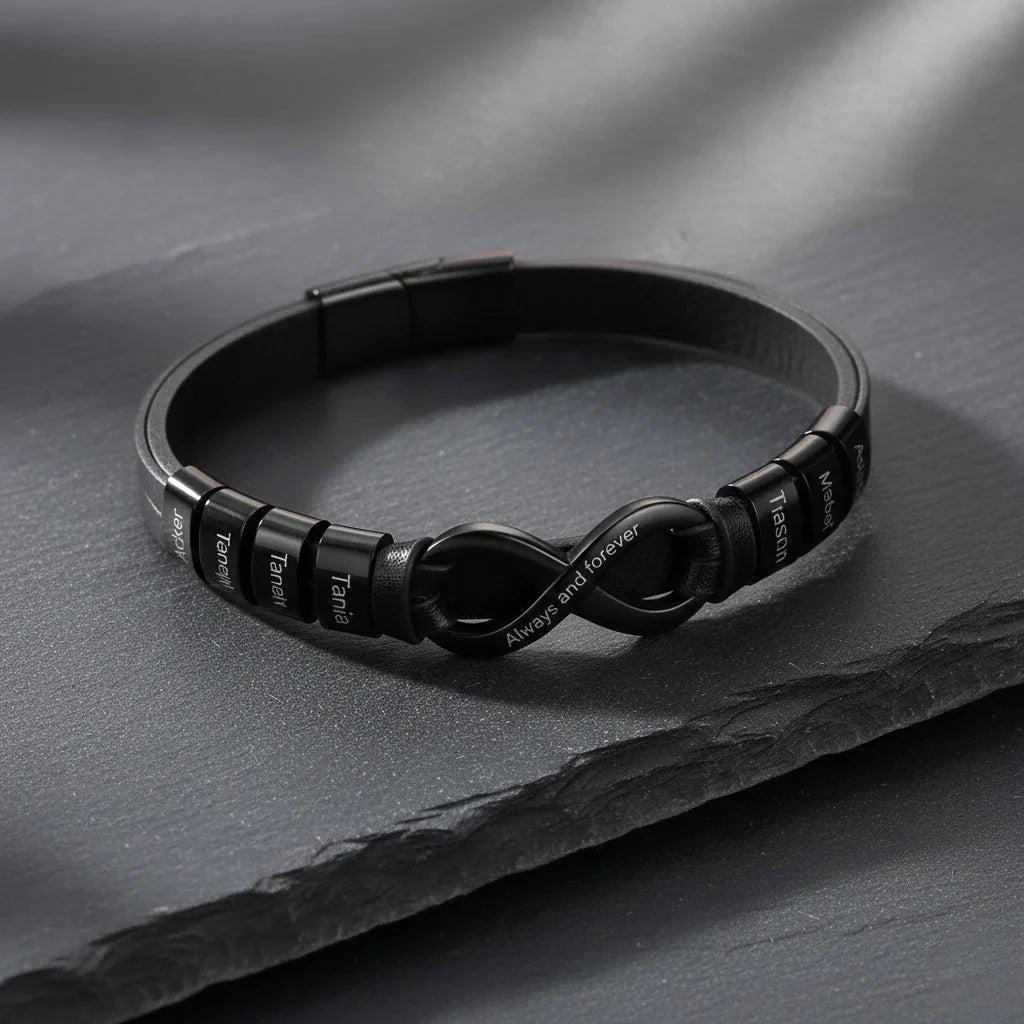 Bracelet Gravé Homme – Cuir avec Fermoir en Acier Inoxydable, 2 à 6 Prénoms Gravés, Cadeau pour Lui, Papa, Fête des Pères