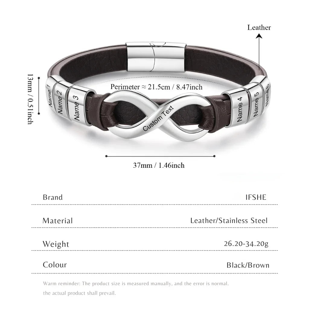 Bracelet Gravé Homme – Cuir avec Fermoir en Acier Inoxydable, 2 à 6 Prénoms Gravés, Cadeau pour Lui, Papa, Fête des Pères