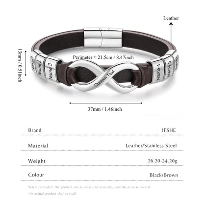 Bracelet Gravé Homme – Cuir avec Fermoir en Acier Inoxydable, 2 à 6 Prénoms Gravés, Cadeau pour Lui, Papa, Fête des Pères