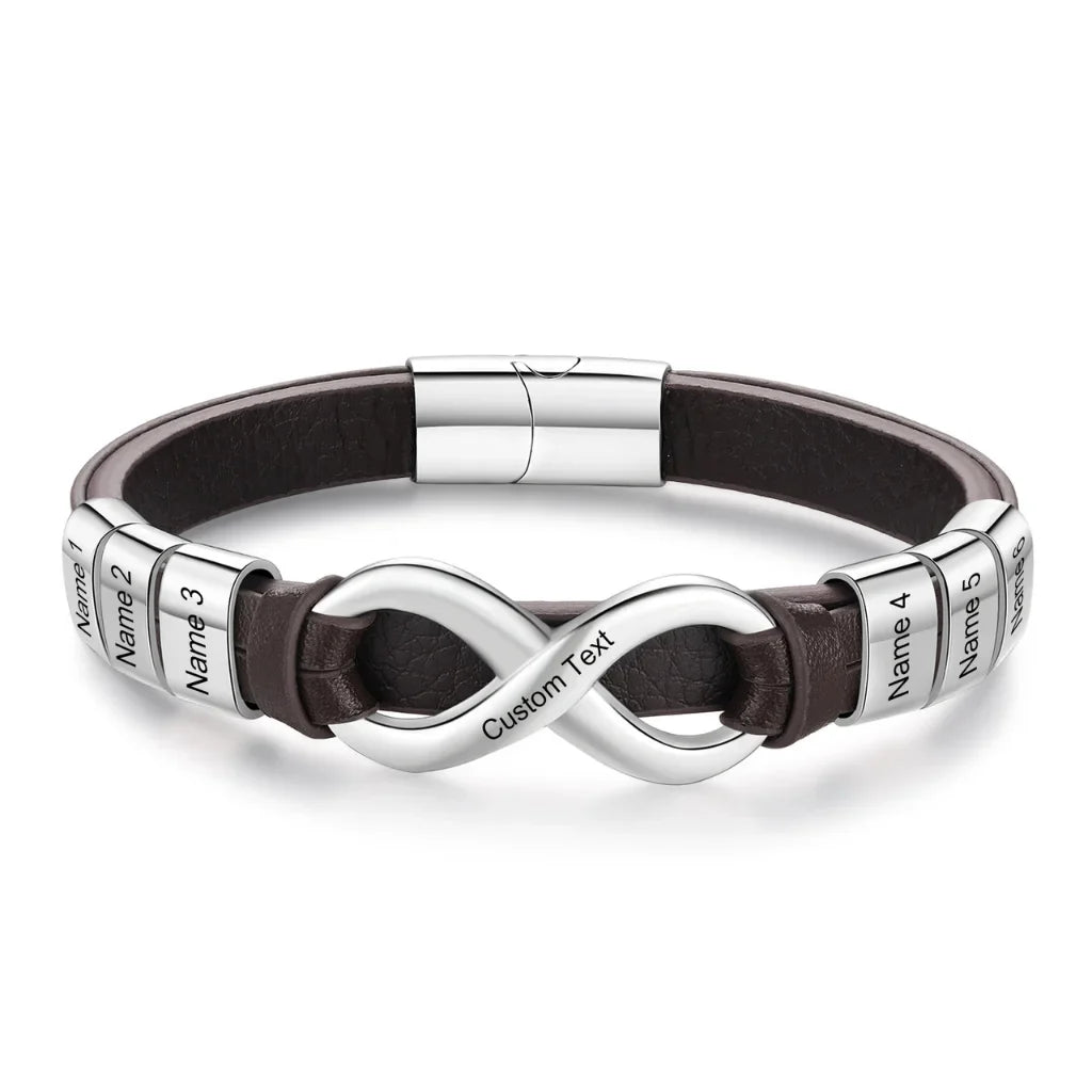 Bracelet Gravé Homme – Cuir avec Fermoir en Acier Inoxydable, 2 à 6 Prénoms Gravés, Cadeau pour Lui, Papa, Fête des Pères