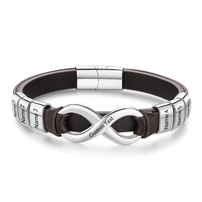 Bracelet Gravé Homme – Cuir avec Fermoir en Acier Inoxydable, 2 à 6 Prénoms Gravés, Cadeau pour Lui, Papa, Fête des Pères
