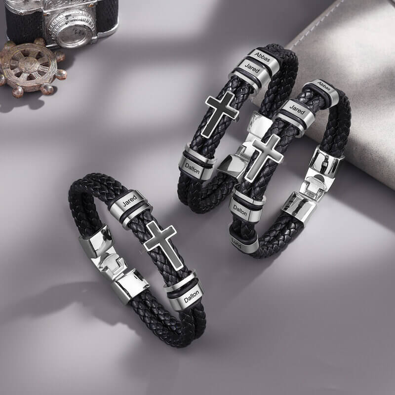 Bracelet Gravé Homme – Cuir Noir et Acier Inoxydable, Charm Croix, 2 à 4 Prénoms Gravés, Cadeau pour Lui, Papa