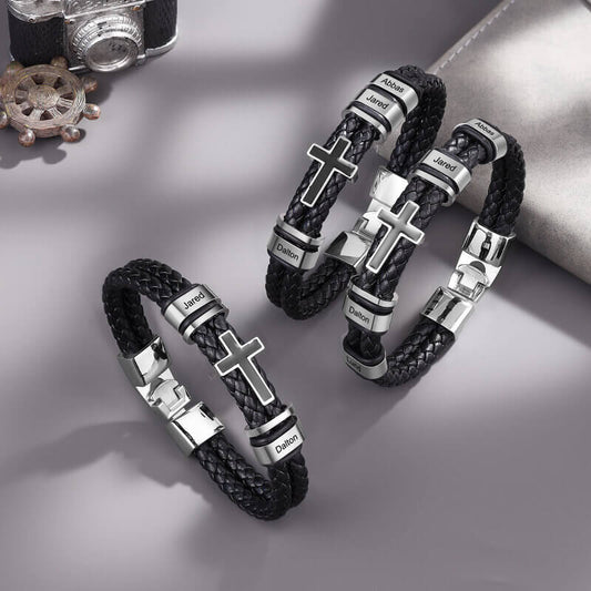 Bracelet Gravé Homme – Cuir Noir et Acier Inoxydable, Charm Croix, 2 à 4 Prénoms Gravés, Cadeau pour Lui, Papa