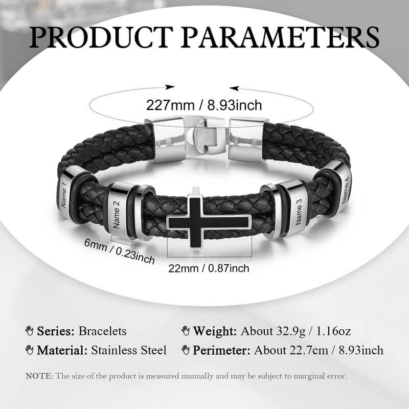 Bracelet Gravé Homme – Cuir Noir et Acier Inoxydable, Charm Croix, 2 à 4 Prénoms Gravés, Cadeau pour Lui, Papa