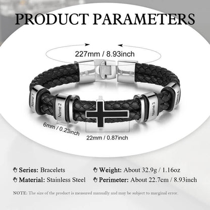 Bracelet Gravé Homme – Cuir Noir et Acier Inoxydable, Charm Croix, 2 à 4 Prénoms Gravés, Cadeau pour Lui, Papa