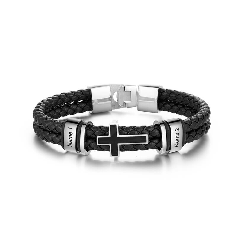 Bracelet Gravé Homme – Cuir Noir et Acier Inoxydable, Charm Croix, 2 à 4 Prénoms Gravés, Cadeau pour Lui, Papa