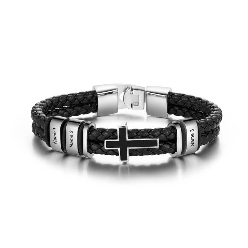 Bracelet Gravé Homme – Cuir Noir et Acier Inoxydable, Charm Croix, 2 à 4 Prénoms Gravés, Cadeau pour Lui, Papa