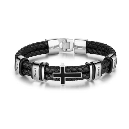 Bracelet Gravé Homme – Cuir Noir et Acier Inoxydable, Charm Croix, 2 à 4 Prénoms Gravés, Cadeau pour Lui, Papa
