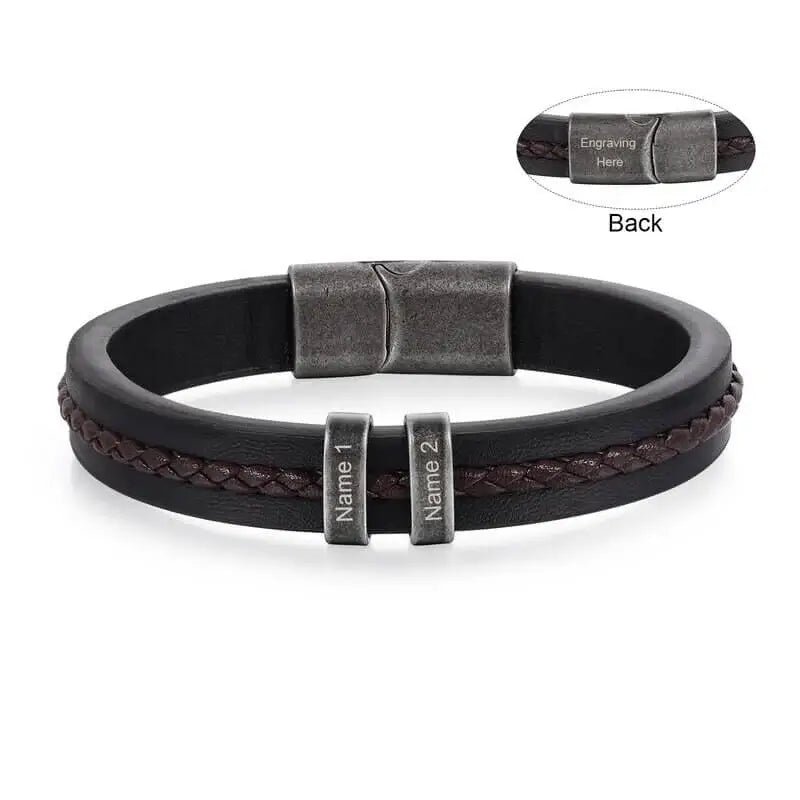 Bracelet Gravé Homme – Cuir Noir avec 2 à 5 Perles Prénom en Acier Inoxydable, Cadeau pour Lui, Papa, Anniversaire
