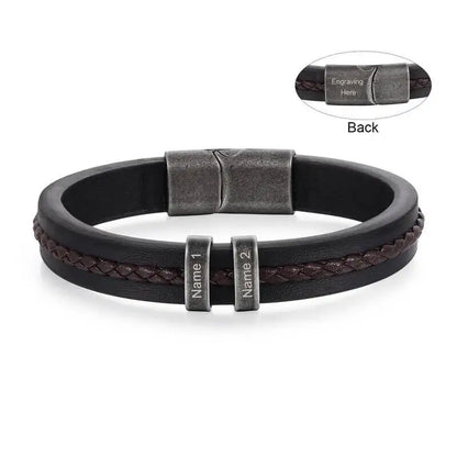 Bracelet Gravé Homme – Cuir Noir avec 2 à 5 Perles Prénom en Acier Inoxydable, Cadeau pour Lui, Papa, Anniversaire