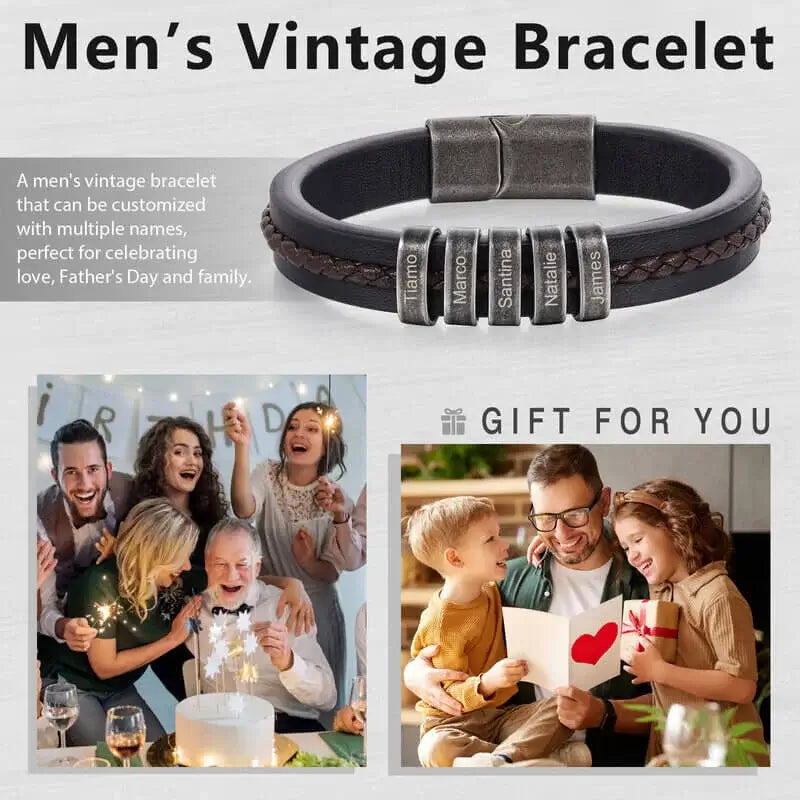 Bracelet Gravé Homme – Cuir Noir avec 2 à 5 Perles Prénom en Acier Inoxydable, Cadeau pour Lui, Papa, Anniversaire