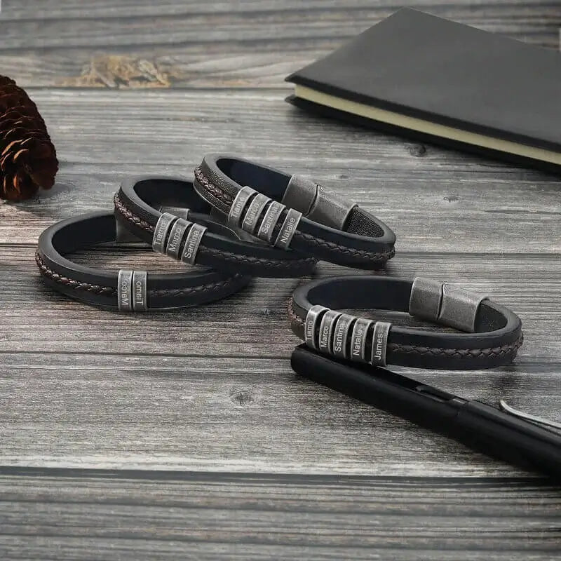 Bracelet Gravé Homme – Cuir Noir avec 2 à 5 Perles Prénom en Acier Inoxydable, Cadeau pour Lui, Papa, Anniversaire