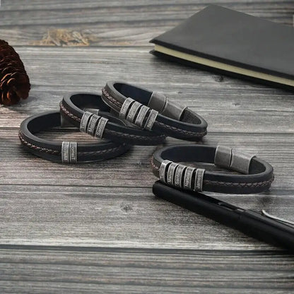 Bracelet Gravé Homme – Cuir Noir avec 2 à 5 Perles Prénom en Acier Inoxydable, Cadeau pour Lui, Papa, Anniversaire