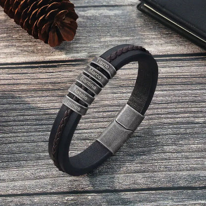 Bracelet Gravé Homme – Cuir Noir avec 2 à 5 Perles Prénom en Acier Inoxydable, Cadeau pour Lui, Papa, Anniversaire