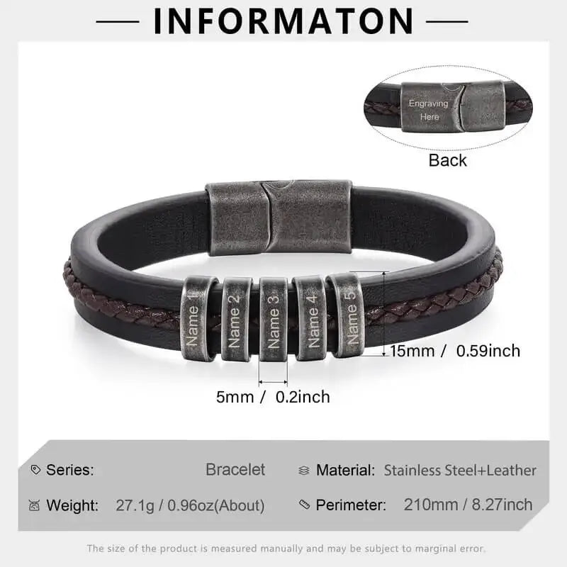 Bracelet Gravé Homme – Cuir Noir avec 2 à 5 Perles Prénom en Acier Inoxydable, Cadeau pour Lui, Papa, Anniversaire