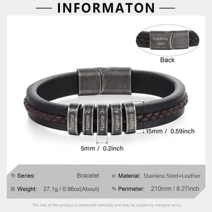 Bracelet Gravé Homme – Cuir Noir avec 2 à 5 Perles Prénom en Acier Inoxydable, Cadeau pour Lui, Papa, Anniversaire
