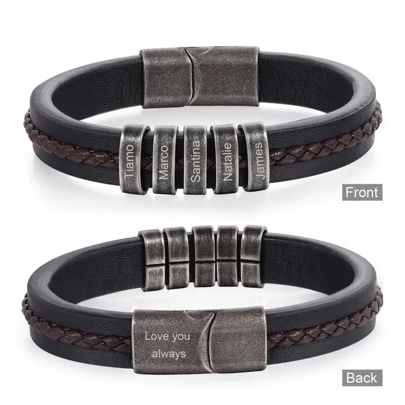 Bracelet Gravé Homme – Cuir Noir avec 2 à 5 Perles Prénom en Acier Inoxydable, Cadeau pour Lui, Papa, Anniversaire