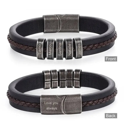 Bracelet Gravé Homme – Cuir Noir avec 2 à 5 Perles Prénom en Acier Inoxydable, Cadeau pour Lui, Papa, Anniversaire