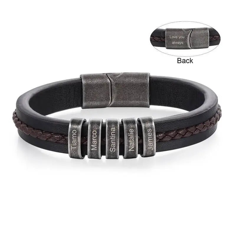 Bracelet Gravé Homme – Cuir Noir avec 2 à 5 Perles Prénom en Acier Inoxydable, Cadeau pour Lui, Papa, Anniversaire