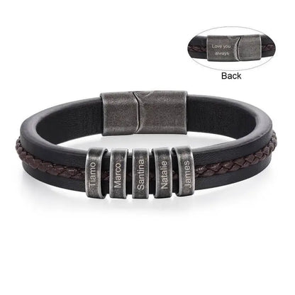 Bracelet Gravé Homme – Cuir Noir avec 2 à 5 Perles Prénom en Acier Inoxydable, Cadeau pour Lui, Papa, Anniversaire