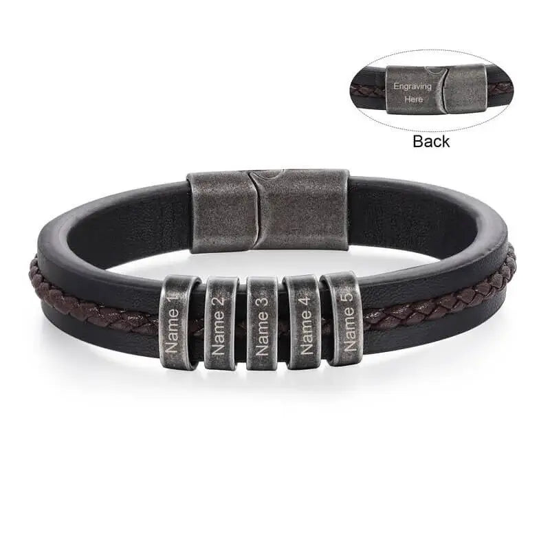 Bracelet Gravé Homme – Cuir Noir avec 2 à 5 Perles Prénom en Acier Inoxydable, Cadeau pour Lui, Papa, Anniversaire