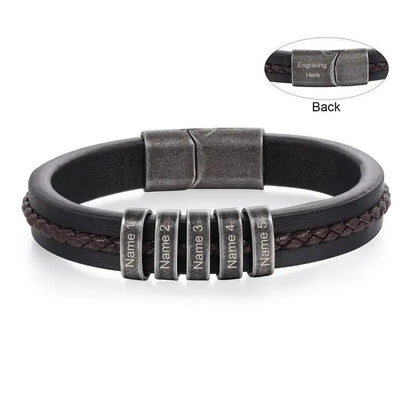 Bracelet Gravé Homme – Cuir Noir avec 2 à 5 Perles Prénom en Acier Inoxydable, Cadeau pour Lui, Papa, Anniversaire