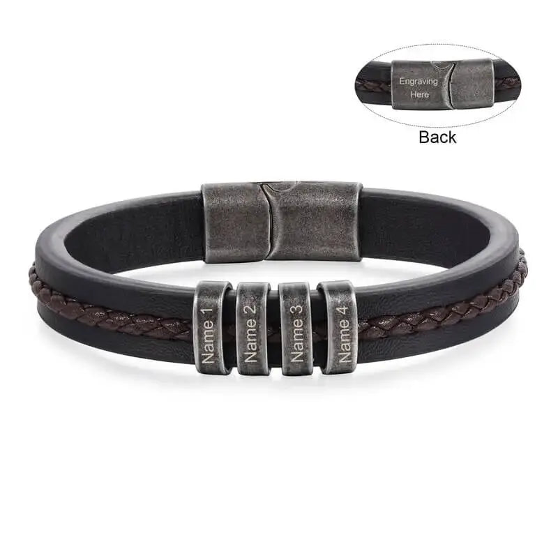 Bracelet Gravé Homme – Cuir Noir avec 2 à 5 Perles Prénom en Acier Inoxydable, Cadeau pour Lui, Papa, Anniversaire