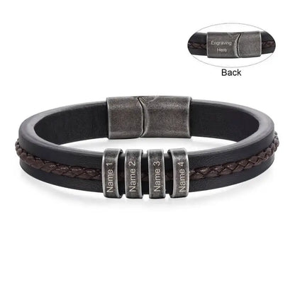 Bracelet Gravé Homme – Cuir Noir avec 2 à 5 Perles Prénom en Acier Inoxydable, Cadeau pour Lui, Papa, Anniversaire