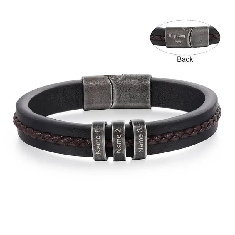 Bracelet Gravé Homme – Cuir Noir avec 2 à 5 Perles Prénom en Acier Inoxydable, Cadeau pour Lui, Papa, Anniversaire