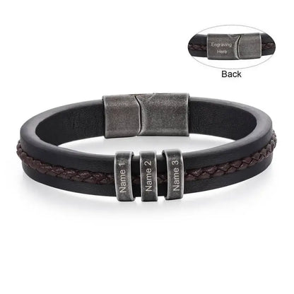 Bracelet Gravé Homme – Cuir Noir avec 2 à 5 Perles Prénom en Acier Inoxydable, Cadeau pour Lui, Papa, Anniversaire