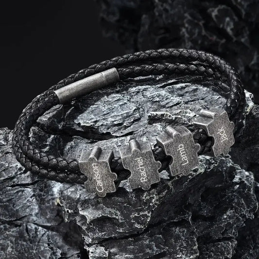Bracelet Gravé Homme – Cuir Noir et Perles Puzzle Personnalisées en Acier Inoxydable, Cadeau pour Lui, Papa, Anniversaire